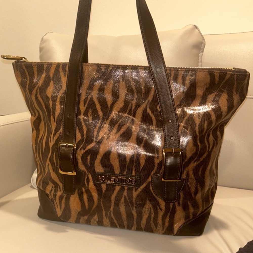 Mario Valentino Black and Brown Animal Print Tote